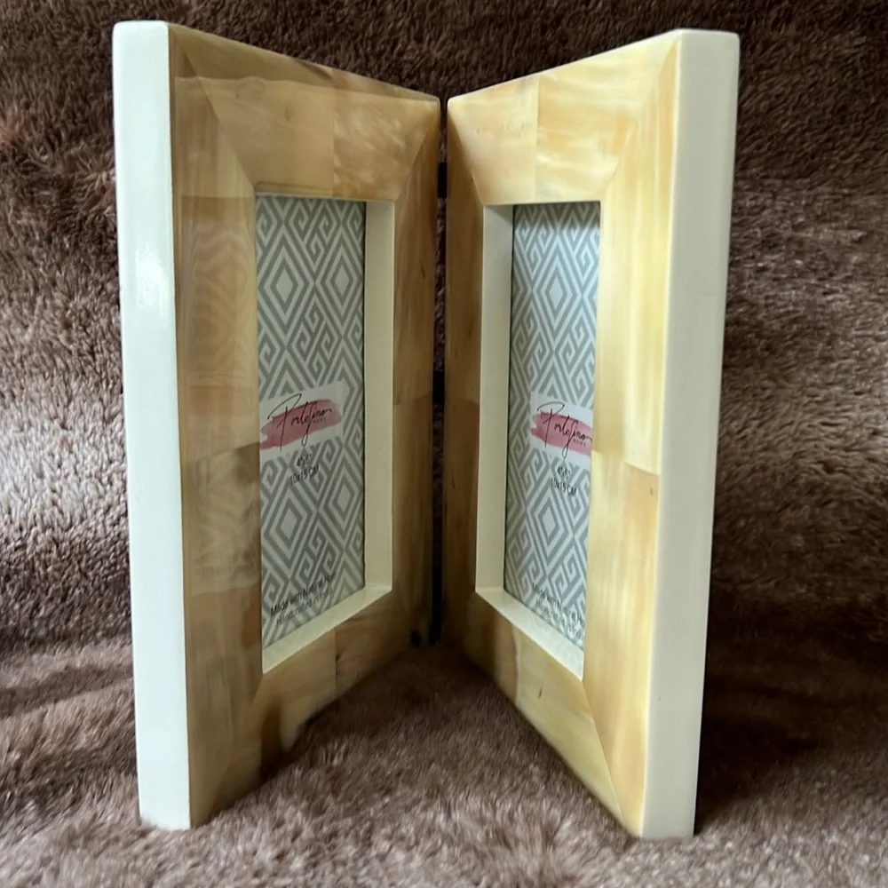 Natural Horn Hinged 4x6 Picture Dual Frame Home Table Decor Ivory Tan